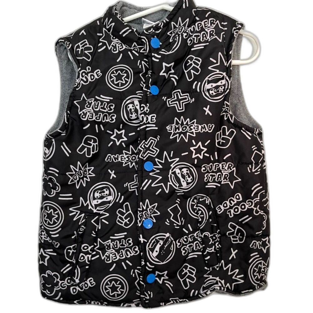 NANNETTE KIDS Puffer Vest Size 6 Black W/Awesome Design Fleece Lining
